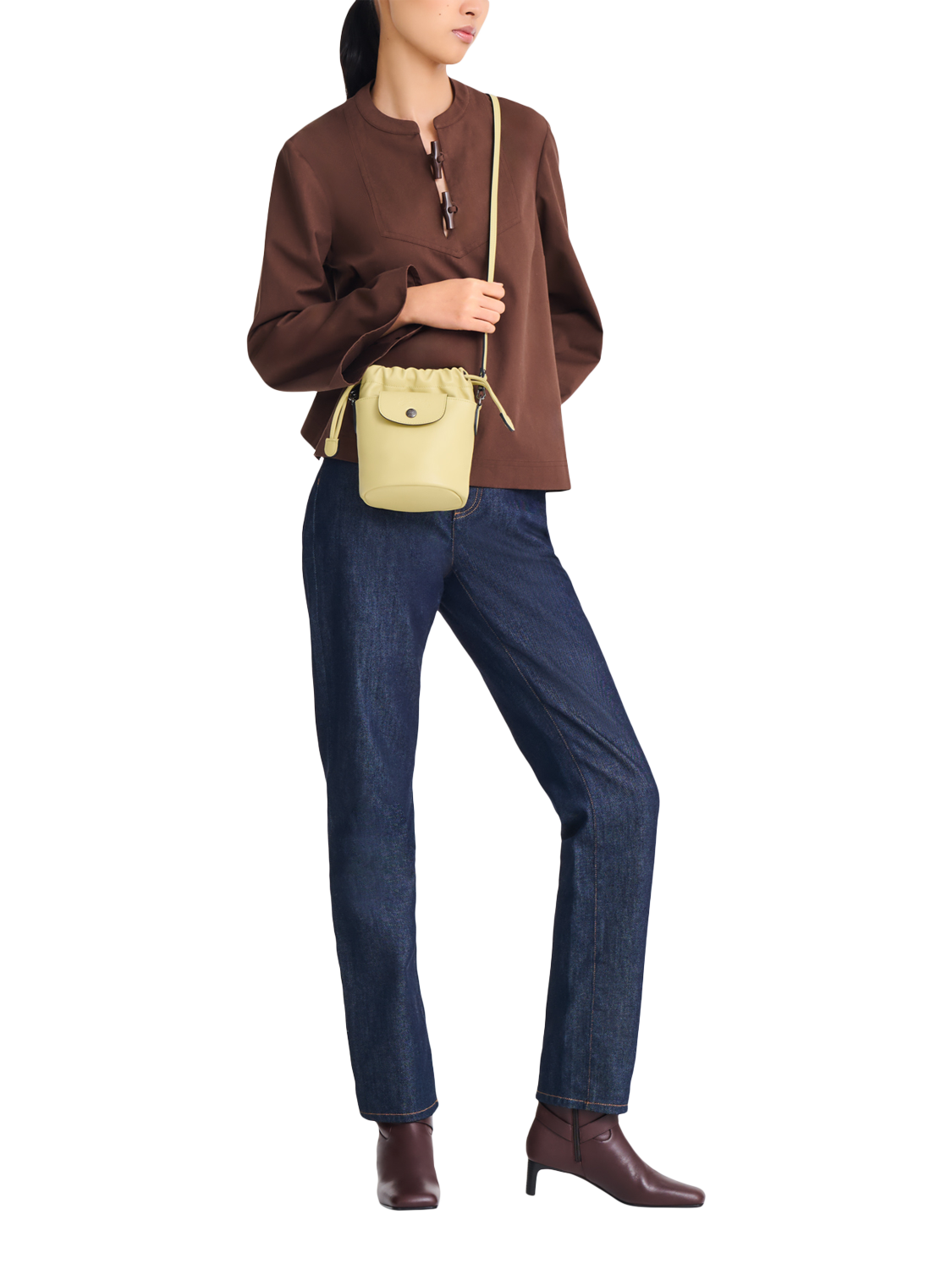 Product image 2 of 6, which shows Longchamp Pliage Extra Small Leather Bucket Bag, Pistachio