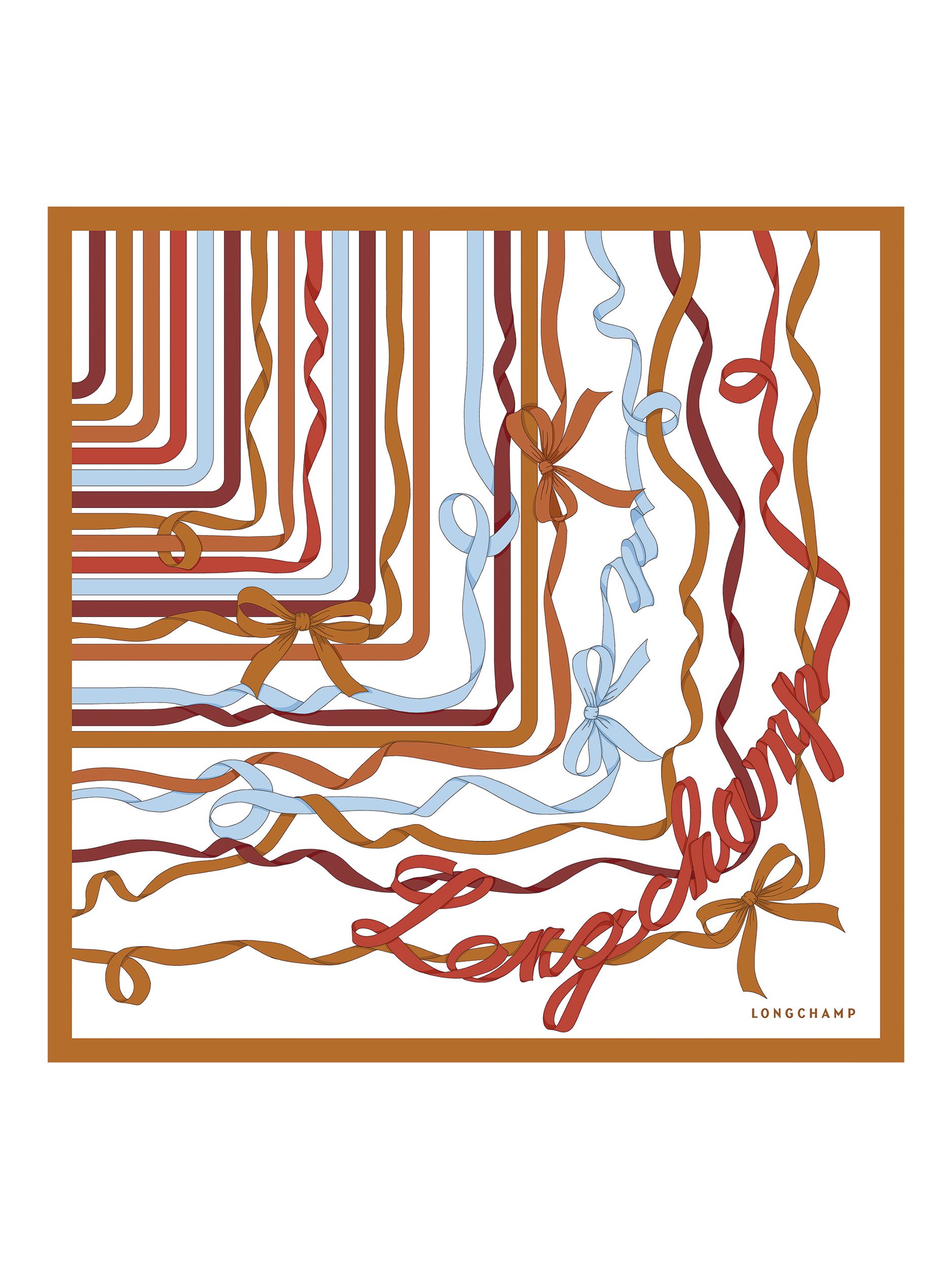 Product image 1 of 2, which shows Longchamp Rubans Printed Silk Scarf, Amber/Multi