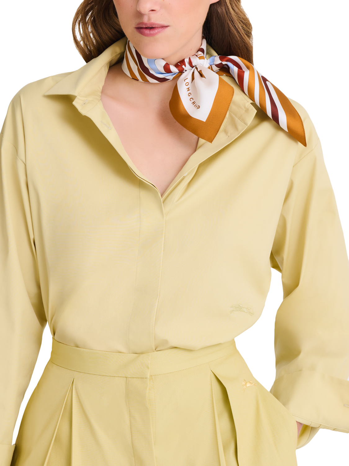 Product image 2 of 2, which shows Longchamp Rubans Printed Silk Scarf, Amber/Multi