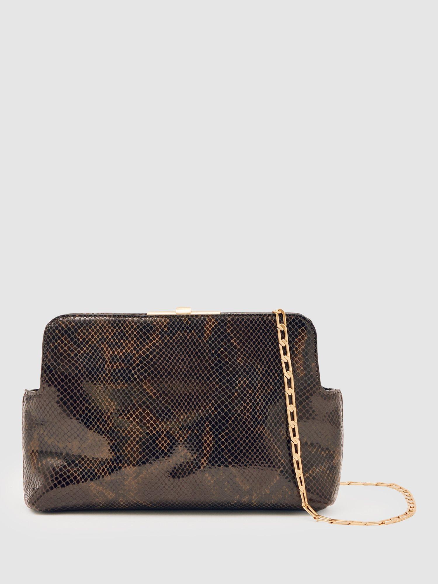 Reiss Bethany Snake Clutch Bag, Brown