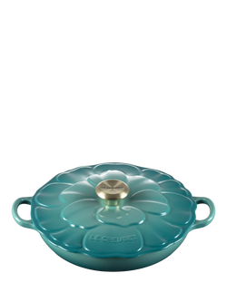 Le Creuset Cast Iron Petal Signature Shallow Casserole, 26cm, Bleu Riviera, Bleu Riviera