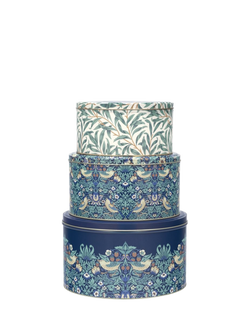 William Morris Arts & Crafts Strawberry Thief & Willow Boughs Round Cake Tins, Set of 3, Blue, Blue