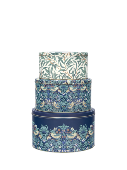 William Morris Arts & Crafts Strawberry Thief & Willow Boughs Round Cake Tins, Set of 3, Blue, Blue