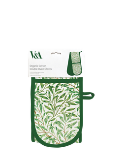 Museums & Galleries V&A William Morris Willow Boughs Organic Cotton Double Oven Glove, Green - view 2, Green Gold And White