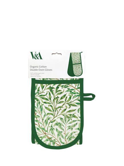 Museums & Galleries V&A William Morris Willow Boughs Organic Cotton Double Oven Glove, Green - view 2, Green Gold And White
