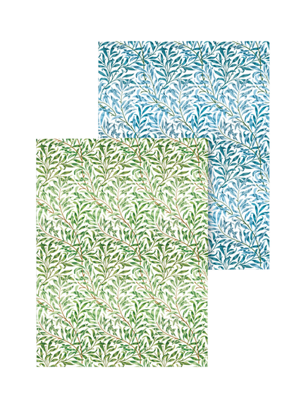 Museums & Galleries V&A William Morris Willow Boughs Organic Cotton Tea Towel, Set of 2, Green/Blue, Green Gold And White