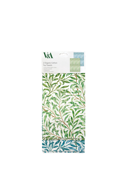Museums & Galleries V&A William Morris Willow Boughs Organic Cotton Tea Towel, Set of 2, Green/Blue - view 2, Green Gold And White