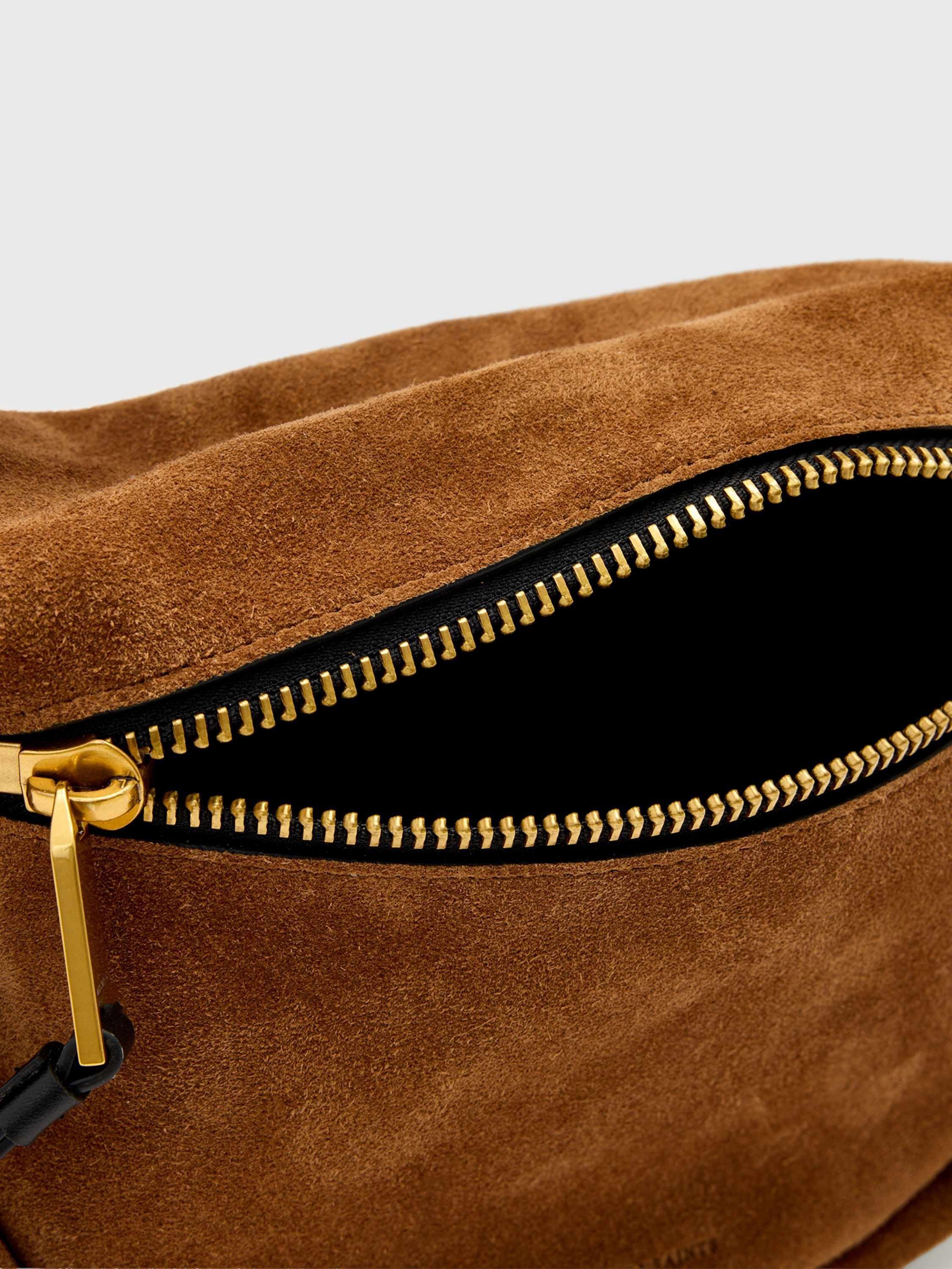 Product image 3 of 6, which shows AllSaints Noemie Suede Mini Shoulder Bag, Tan