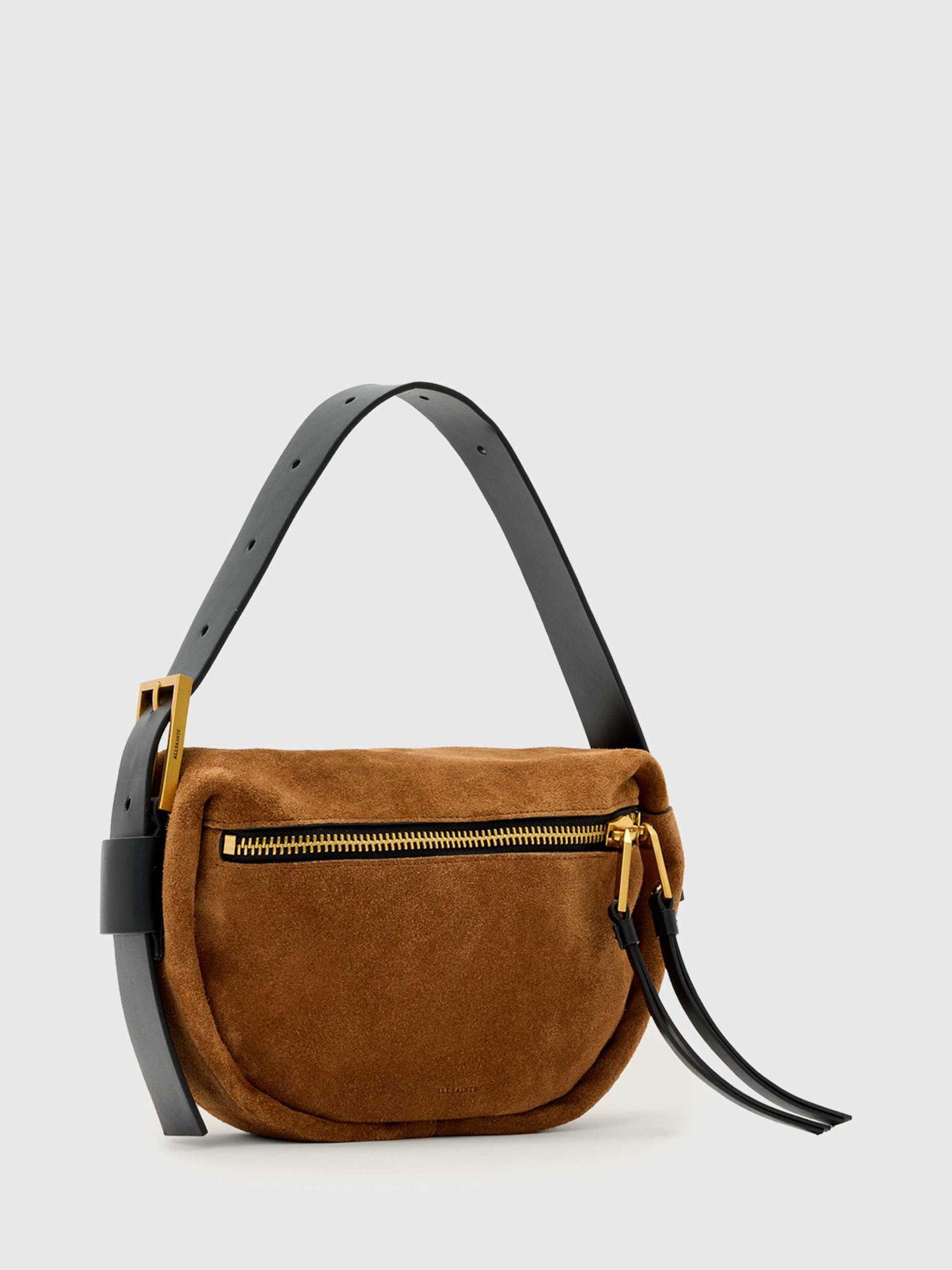 Product image 4 of 6, which shows AllSaints Noemie Suede Mini Shoulder Bag, Tan