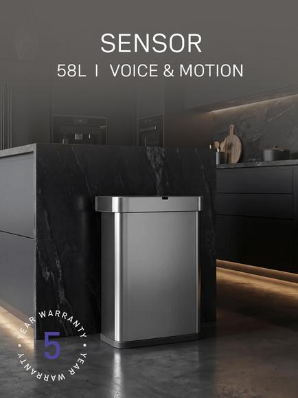 Simplehuman Rectangular Voice and Motion Sensor Bin, 58L, Stainless Steel - view 2, 