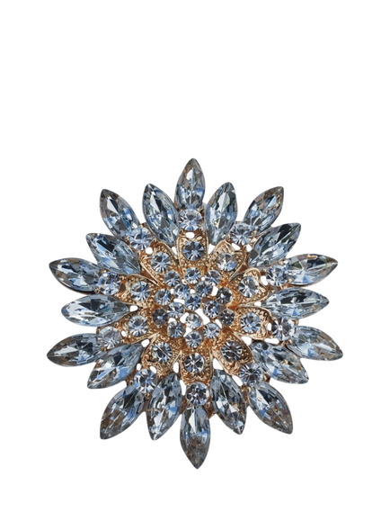 QueenMee Embellished Flower Brooch, Gold / Blue, Gold / Blue