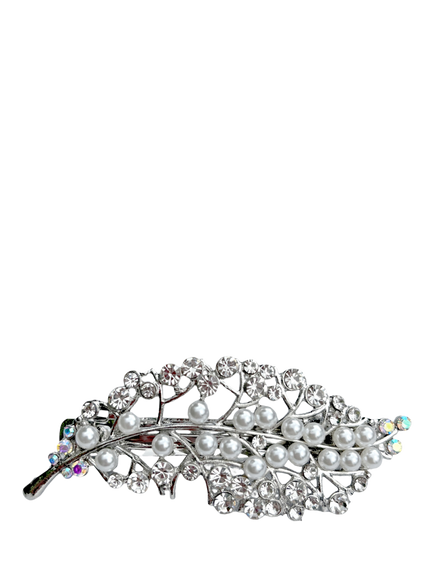 QueenMee Leaf Pearl & Diamante Hair Clip, Leaf Silver, Leaf Silver