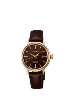 Seiko RE020J1 Women's Seiko Presage Cocktail Time Leather Strap Watch, Coffee Brown, Coffee Brown