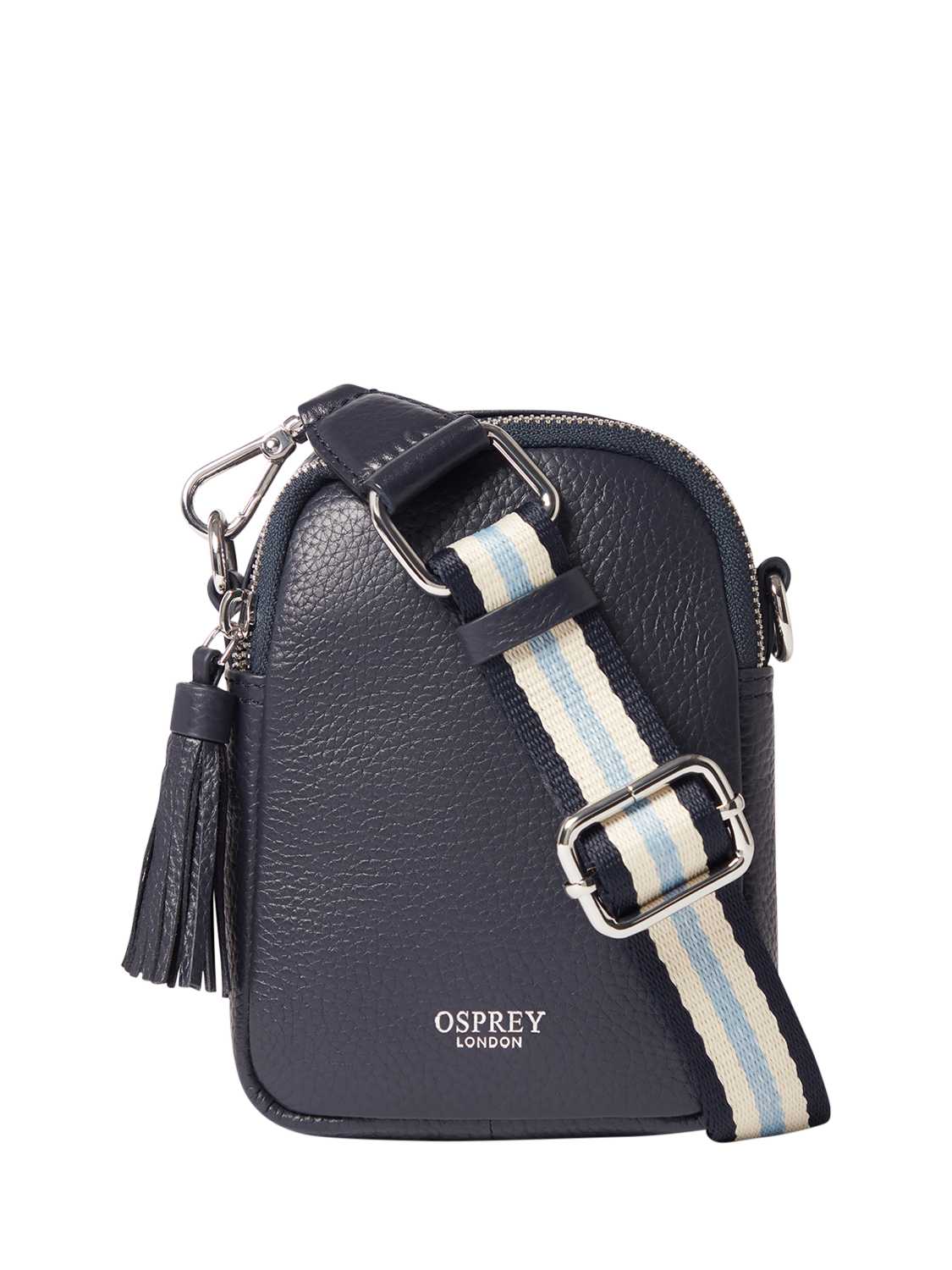 Product image 1 of 5, which shows OSPREY LONDON Stella Leather Phone Bag, Navy