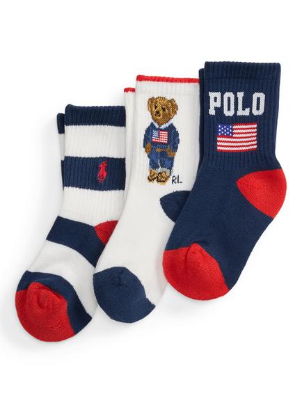 Ralph Lauren Kids' Polo Crew Socks, Pack of 3, White Navy Red, 2-4 years, White Navy Red
