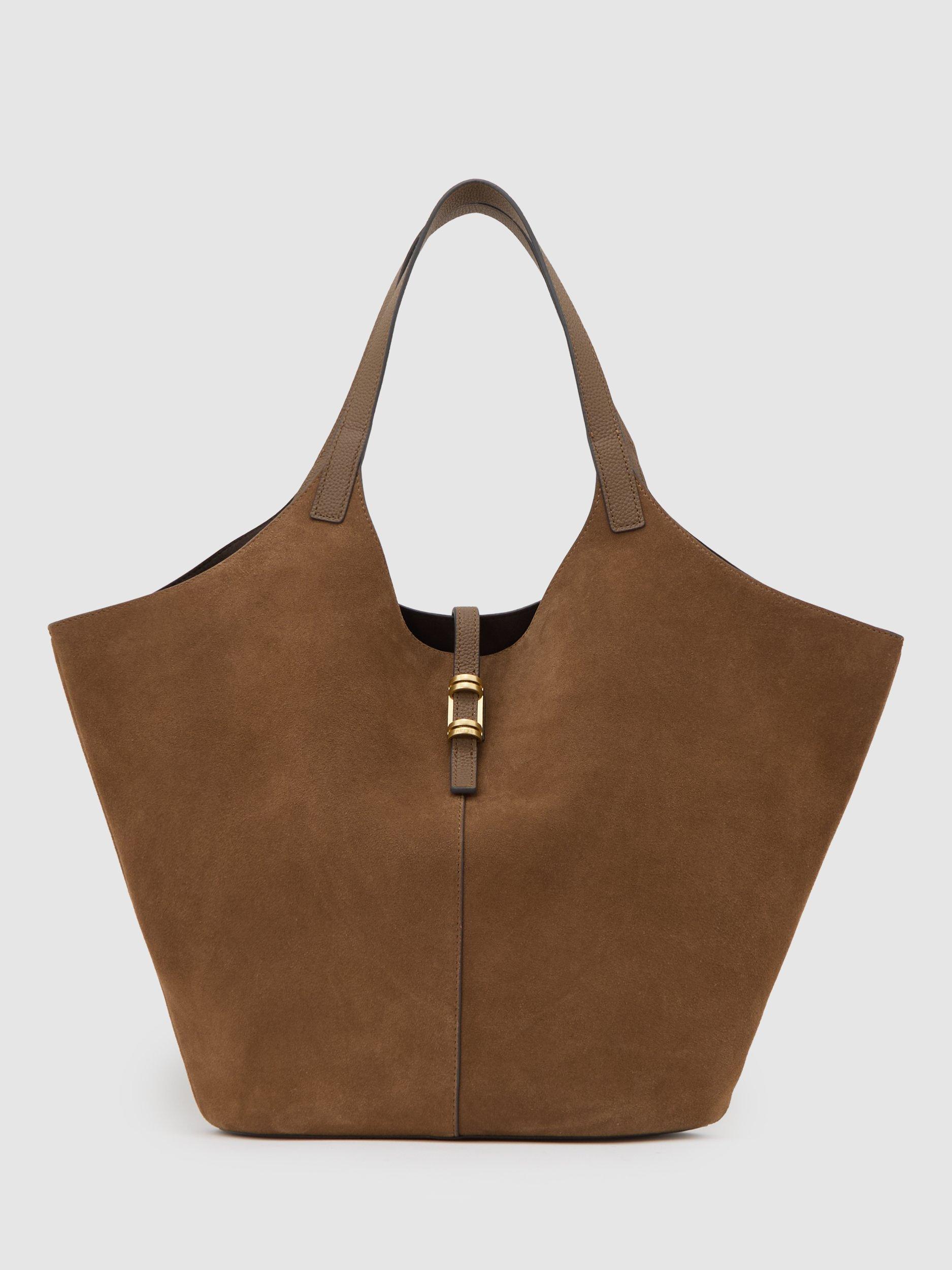 Product image 1 of 5, which shows Reiss Lyra Leather and Suede Tote Bag, Tan