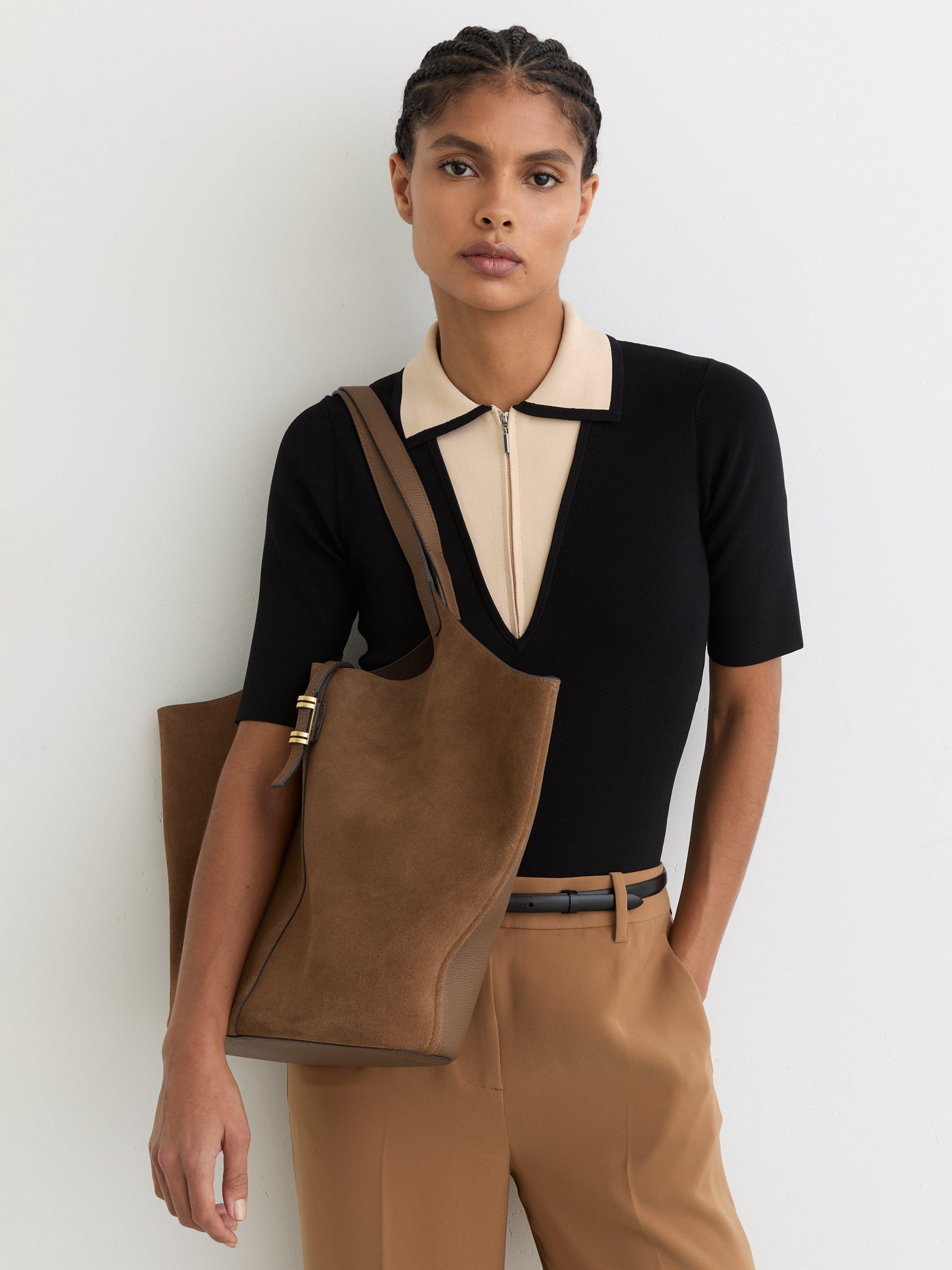 Product image 3 of 5, which shows Reiss Lyra Leather and Suede Tote Bag, Tan