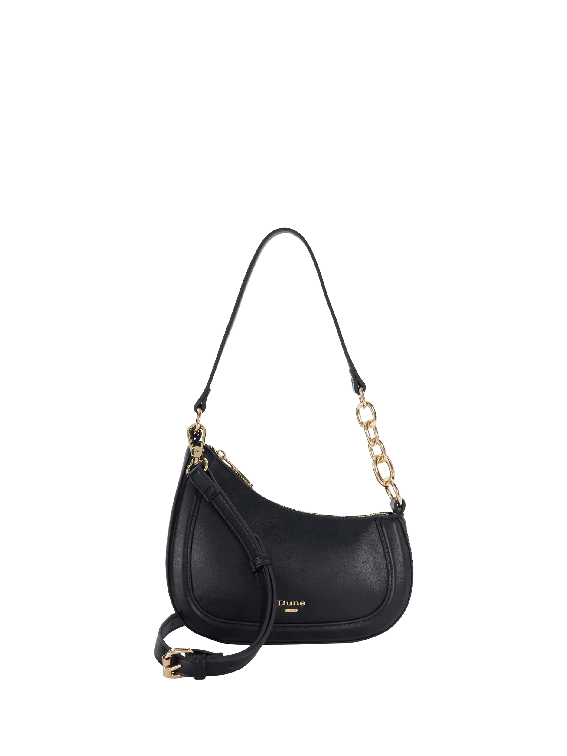 Product image 1 of 5, which shows Dune London Direction Asymmetric Chain Shoulder Bag, Black