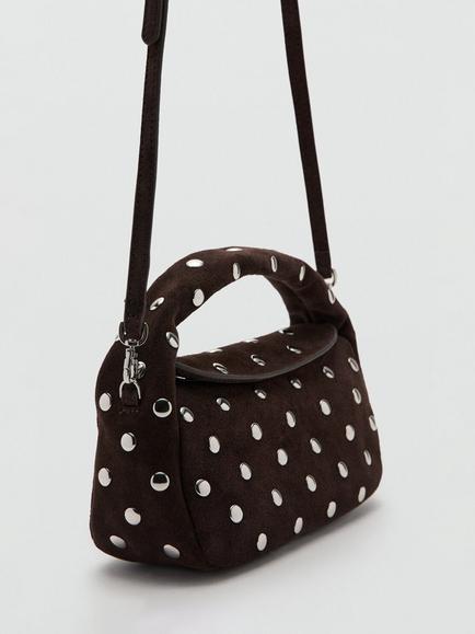 Mango Sandra Suede Studded Clutch Bag, Dark Brown - view 2, Dark Brown