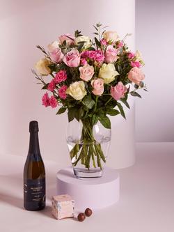 John Lewis Mother's Day Pastel Roses Mixed Hand Tied Bouquet, Prosecco & Chocolates, Blue Royal
