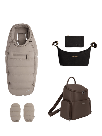 Nuna Winter Stroller Set, Stroller Organiser and Essential Bag Accessories Set, Chestnut, Chateau