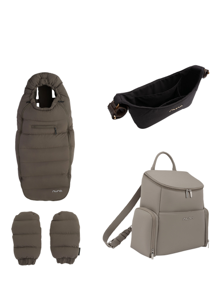 Nuna Winter Stroller Set, Stroller Organiser and Essential Bag Accessories Set, Chestnut, Pistachio