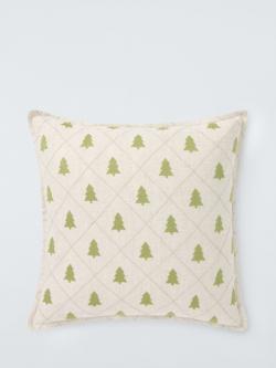 John Lewis Woven Fir Trees Stitched Cushion, Natural/Green, Red Multi