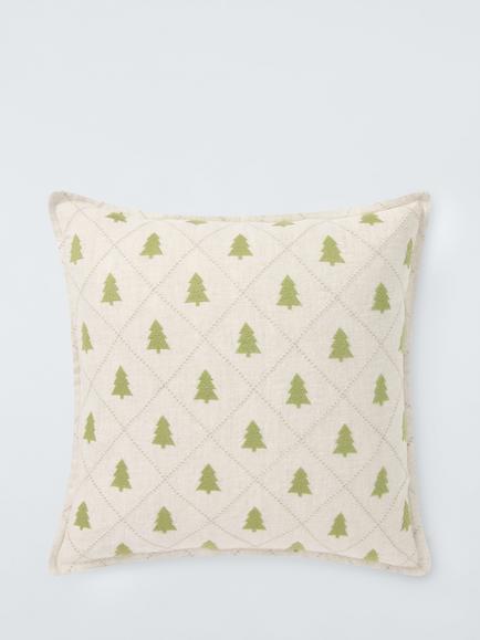 John Lewis Woven Fir Trees Stitched Cushion, Natural/Green, Red Multi