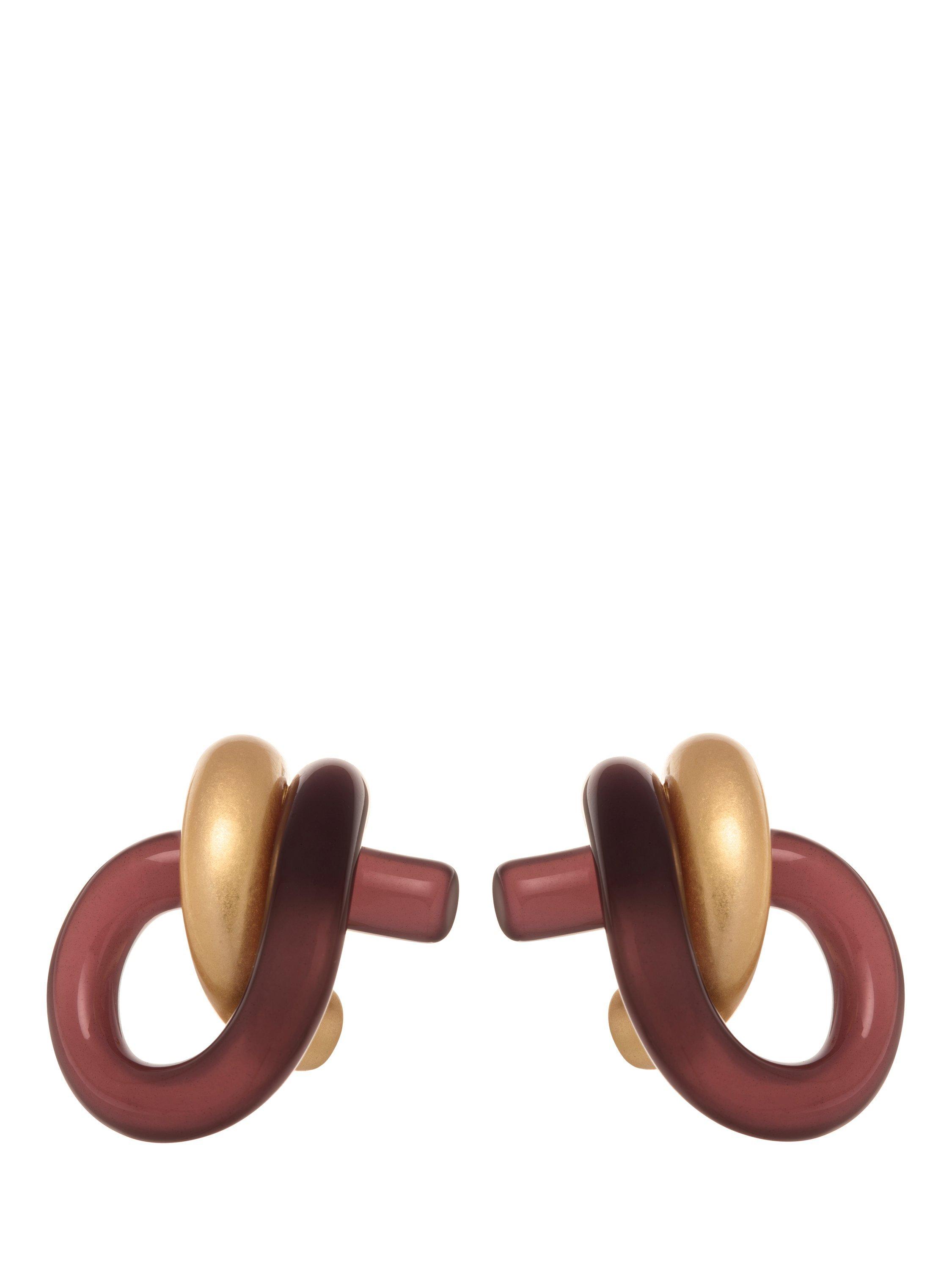 Product image 3 of 6, which shows Reiss Pixie Polished Resin Knot Earrings, Burgundy/Gold
