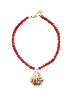 By Alona Jerry Beaded Shell Necklace, Gold Red, Gold Red