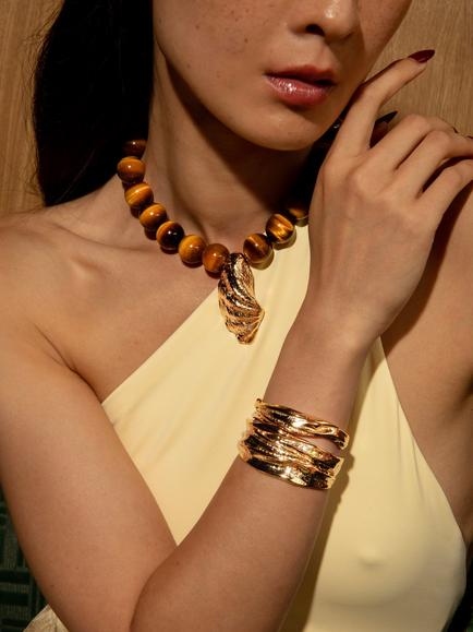 By Alona Orbit Beaded Shell Necklace, Tigers Eye Gold - view 2, Tigers Eye Gold