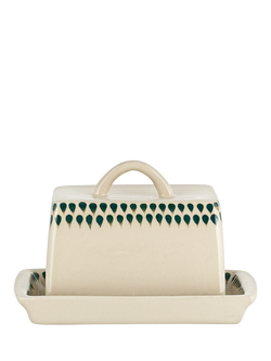 nkuku Juniper Drop Ceramic Butter Dish, Cream/Green, Cream & Green