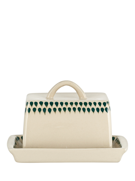 nkuku Juniper Drop Ceramic Butter Dish, Cream/Green, Cream & Green