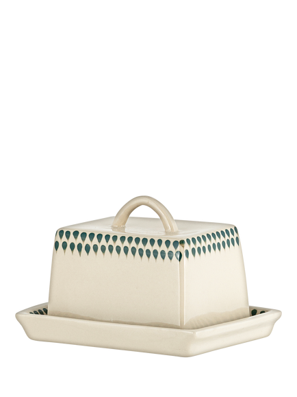 nkuku Juniper Drop Ceramic Butter Dish, Cream/Green - view 2, Cream & Green