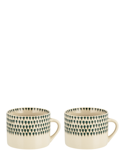 nkuku Juniper Drop Ceramic Mug, Set of 2, 370ml, Cream/Green, Cream & Green