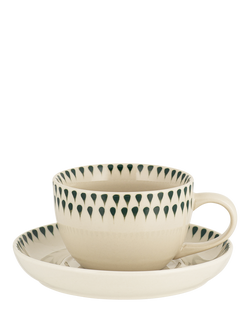 nkuku Juniper Drop Ceramic Cup & Saucer, 150ml, Cream/Green, Cream & Green