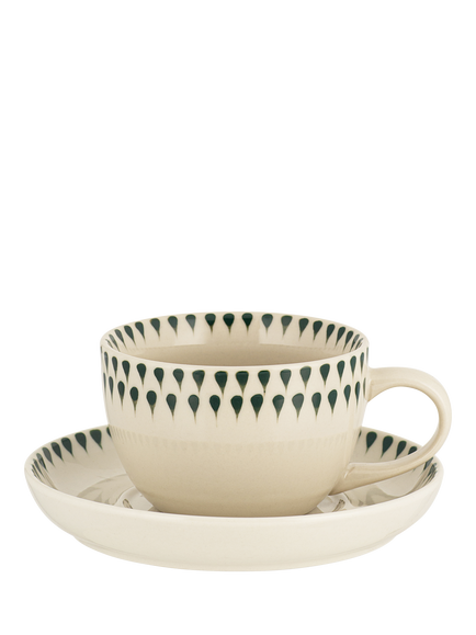 nkuku Juniper Drop Ceramic Cup & Saucer, 150ml, Cream/Green, Cream & Green
