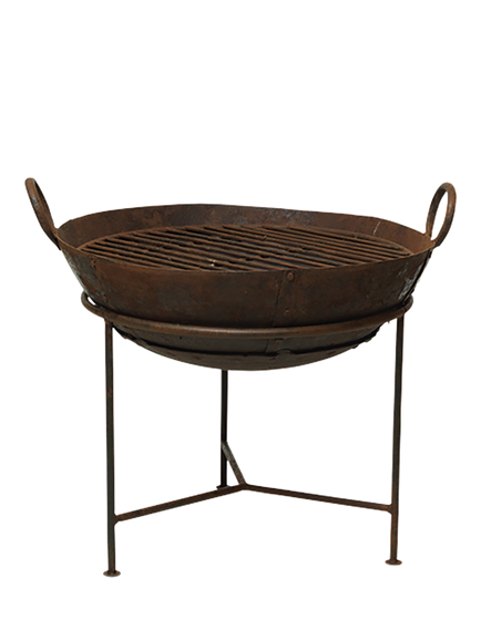 nkuku Reclaimed Iron Kadai Firepit Bowl & BBQ Grill with Stand, Metallic Copper