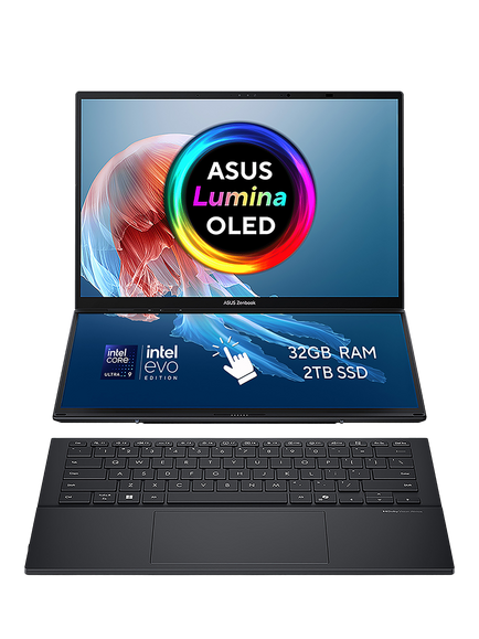 ASUS ZenBook Duo UX8406 Dual Screen Laptop, Intel Core Ultra 9 Processor, 32GB RAM, 2TB SSD, 14” OLED  Full HD Touchscreen, Grey, Grey