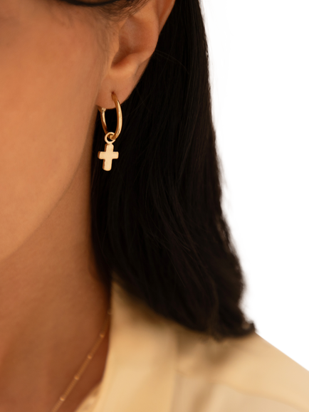 Recognised Faith Cross Hoop Earrings, Gold - view 2, Gold