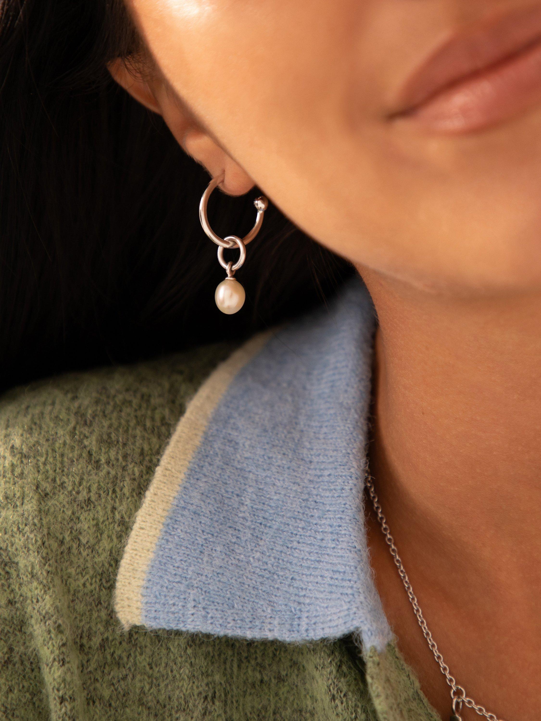 Product image 2 of 4, which shows Recognised Pearl Hoop Earrings, Silver