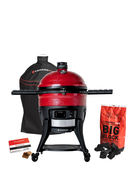 Kamado Joe Big Joe WiFi Konnected Charcoal BBQ & Smoker with Cart & Cover Bundle, Red