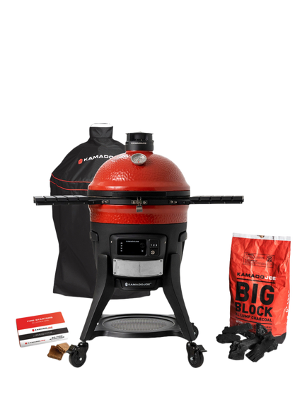 Kamado Joe Classic Joe WiFi Konnected Charcoal BBQ & Smoker with Cart & Cover Bundle, Red