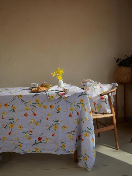 By Hope Daffodil Linen Tablecloth, 250 x 143cm, Blue/Multi - view 2, Blue Multi