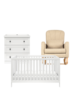 Silver Cross Bromley Cotbed and 3 Drawer Dresser Set, White with Carmel Nursing Chair, Almond, Brown