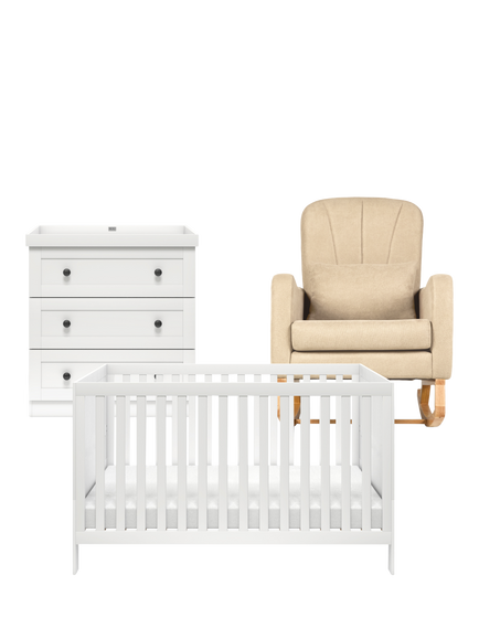 Silver Cross Bromley Cotbed and 3 Drawer Dresser Set, White with Carmel Nursing Chair, Almond, Brown