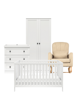 Silver Cross Bromley Cotbed, Double Wardrobe and 3-Drawer Dresser, White with Carmel Nursing Chair, Almond, White/Brown