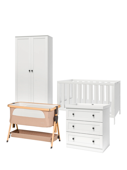Silver Cross Bromley Cotbed, Double Wardrobe & 3-Drawer Dresser, White with Lunar Crib, Oatmeal, White/Brown