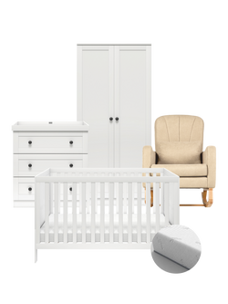 Silver Cross Bromley Cotbed, Mattress, Dresser and Wardrobe, White with Carmel Nursing Chair, Almond, Brown