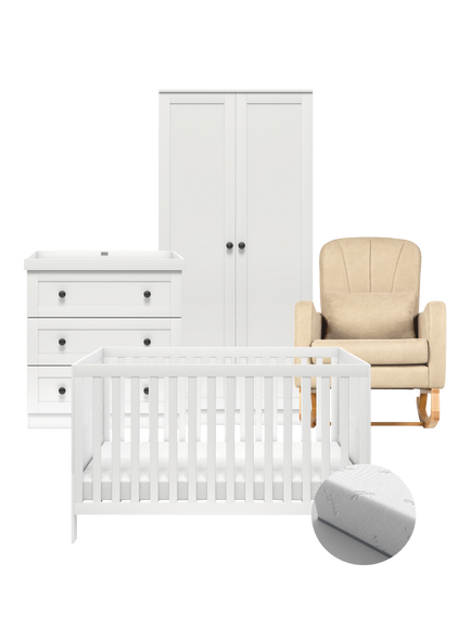Silver Cross Bromley Cotbed, Mattress, Dresser and Wardrobe, White with Carmel Nursing Chair, Almond, Brown